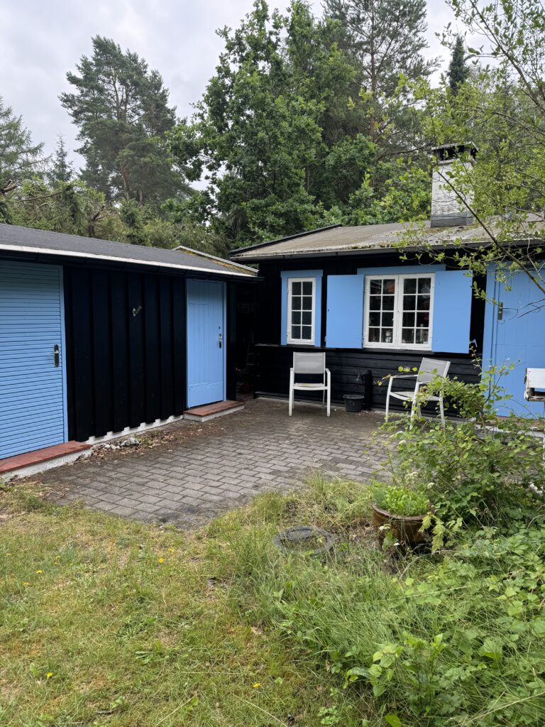 Blåmalet træhus med hvidmalede vinduesrammer